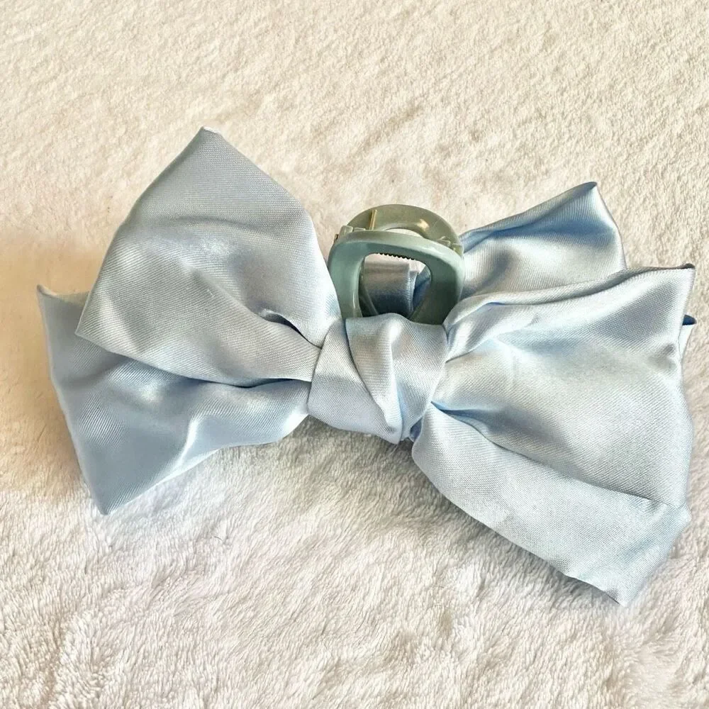 Blue satin ribbon hair claw bow